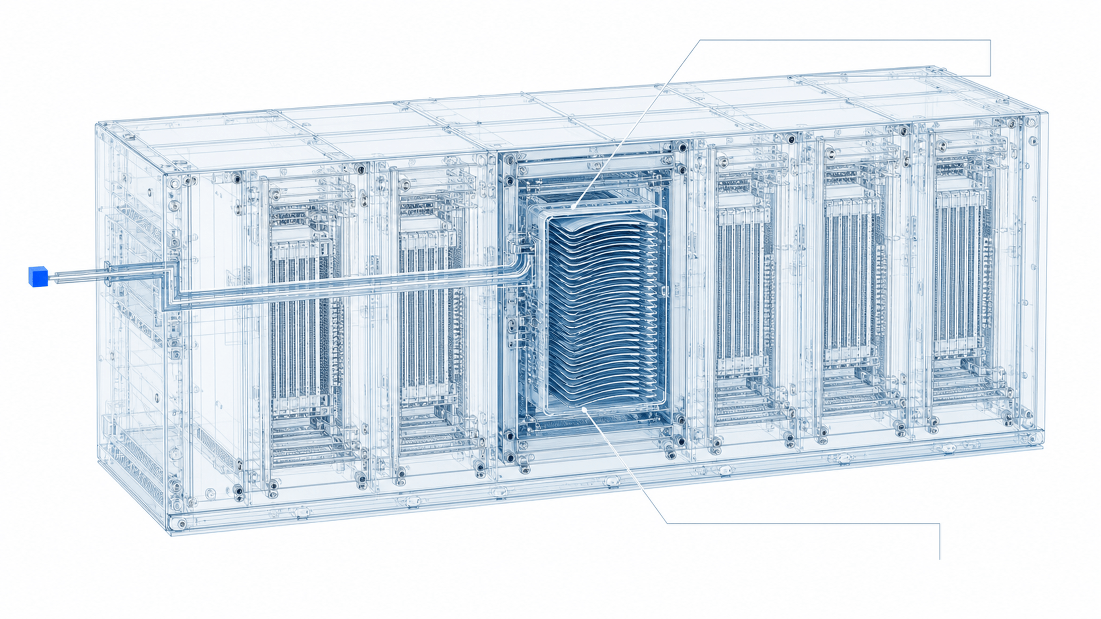 A wide, ultra-detailed pale-blue CAD system with one cobalt application task entering through a controlled access point.