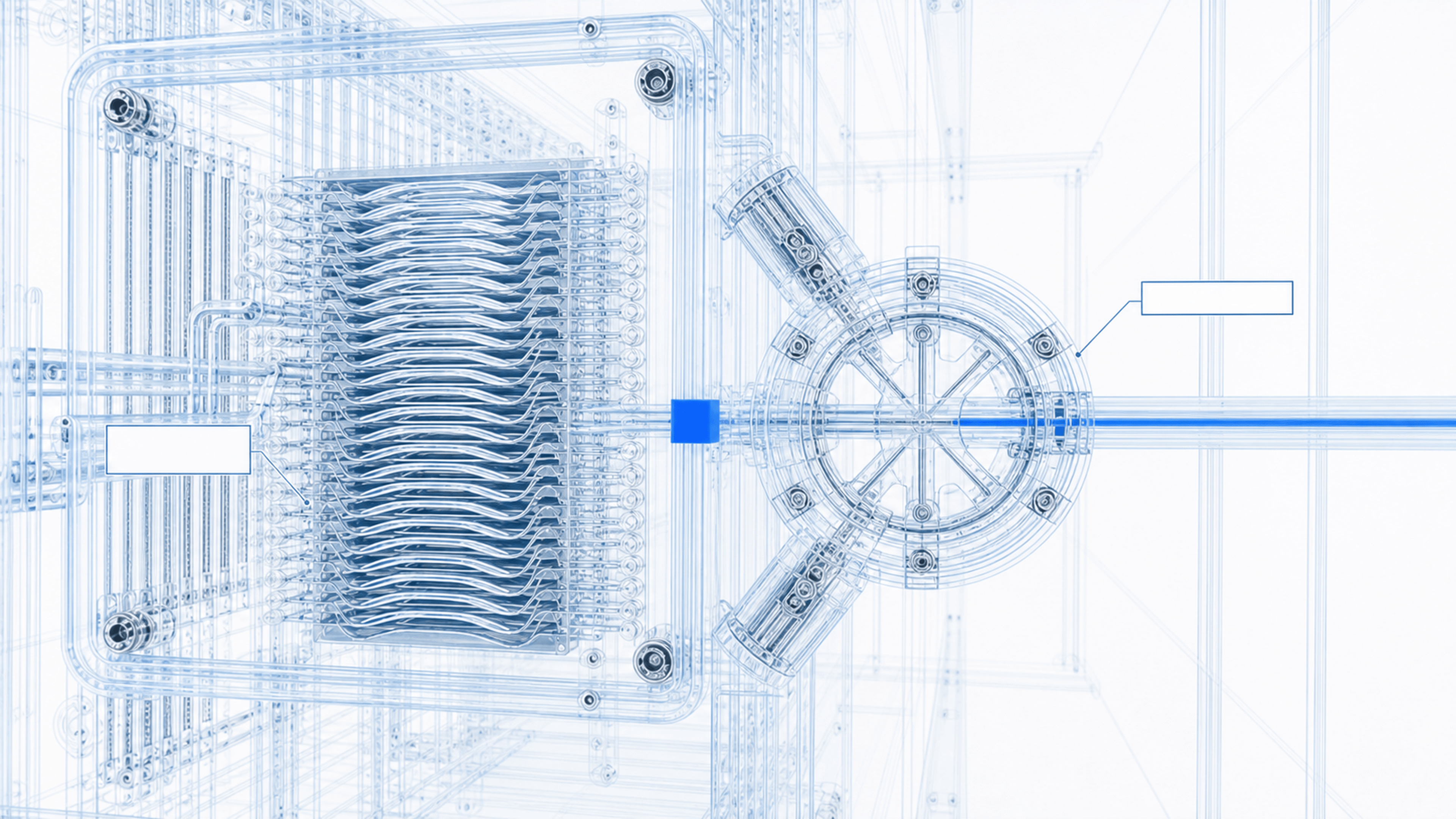 The same engineered cortex beside a circular Relay gate, with all routes closed except one cobalt execution path.