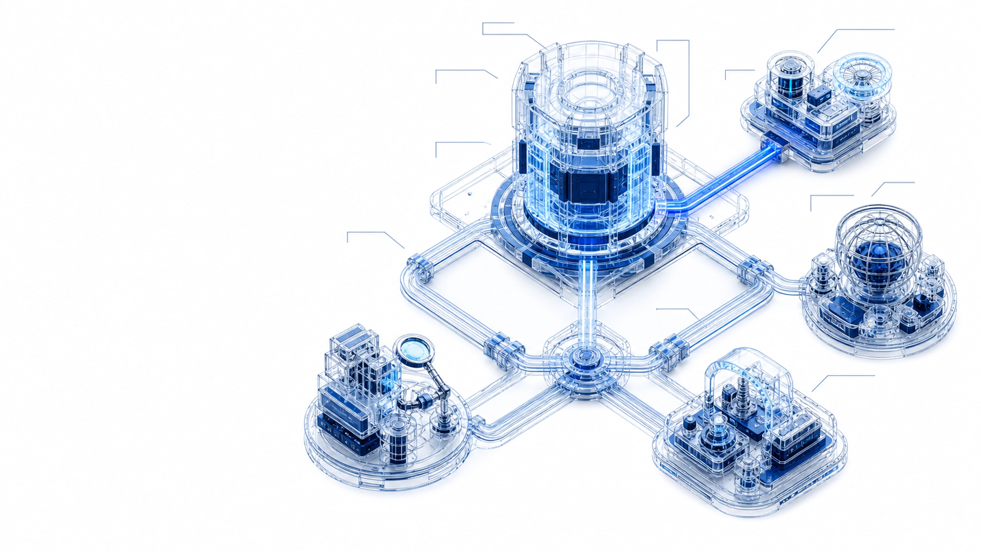 Technical rendering of a central intelligence core serving several application modules.