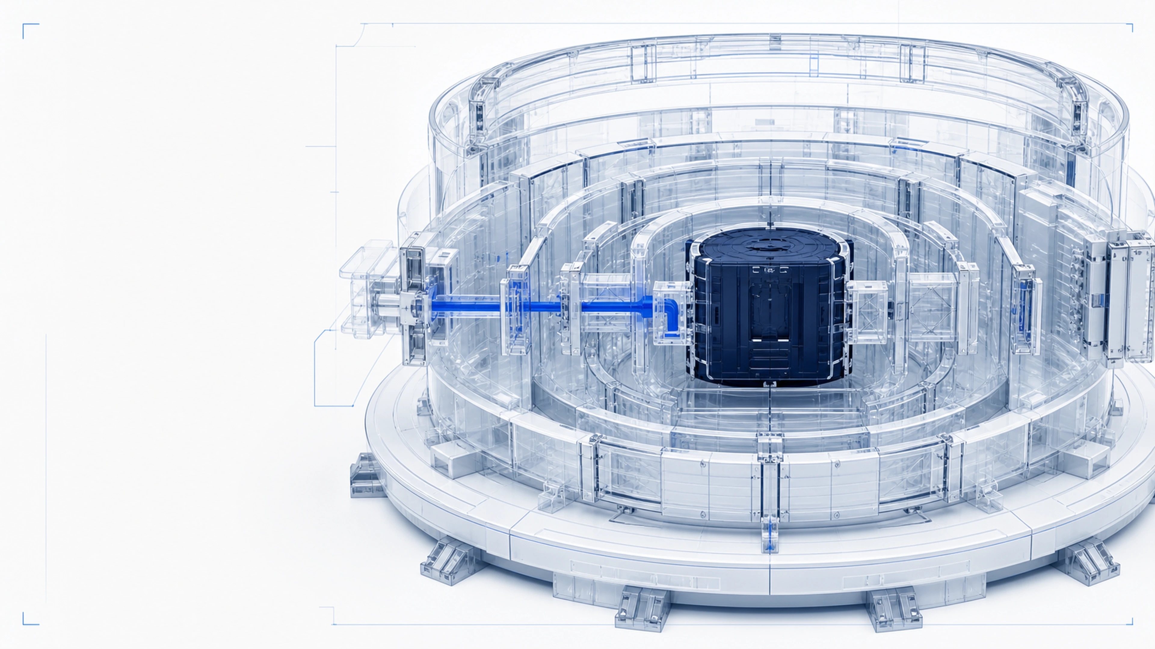 Technical rendering of nested transparent security chambers and one authorized route.