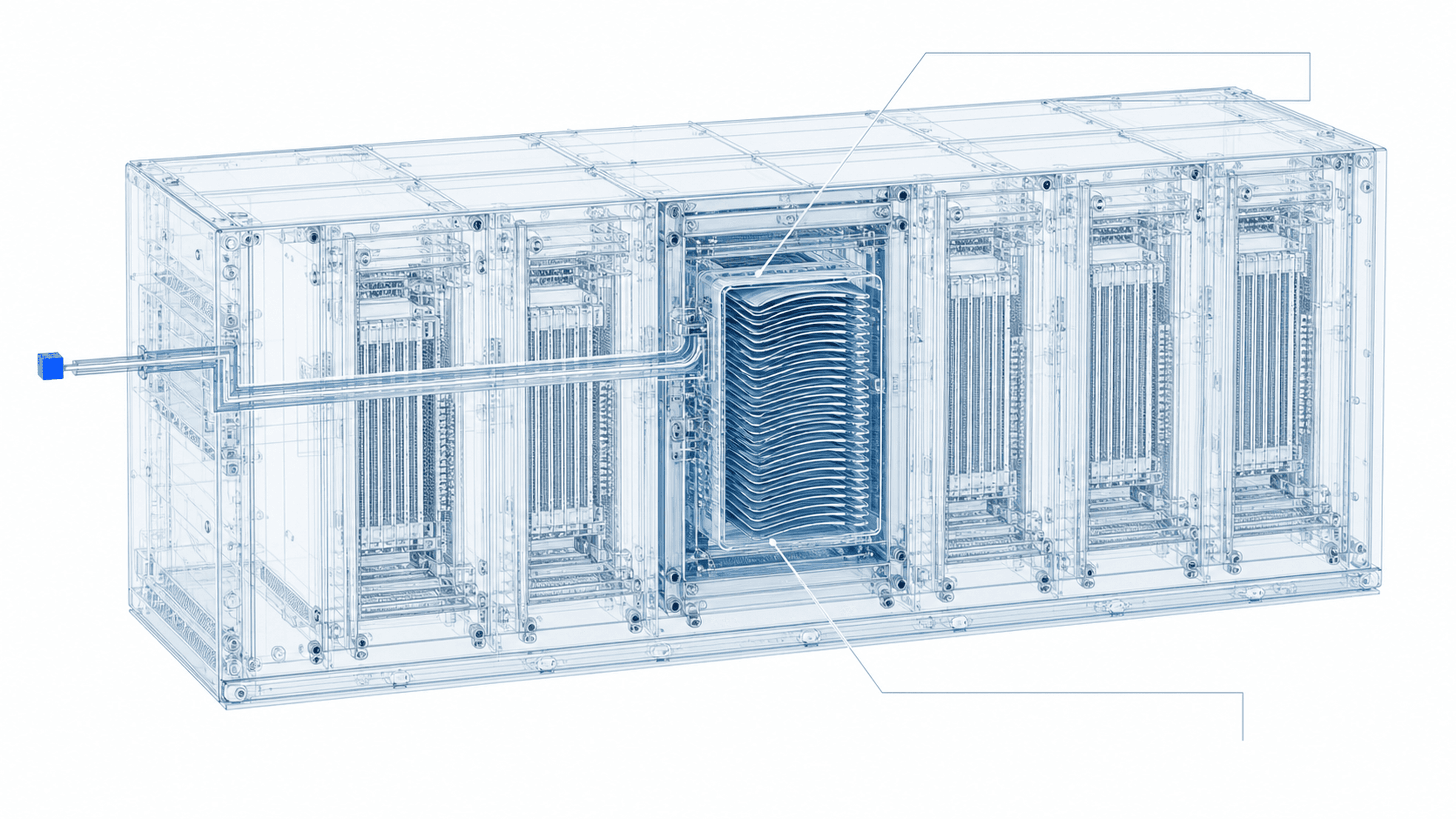 A pale-blue wireframe view of one application task entering Tribble.