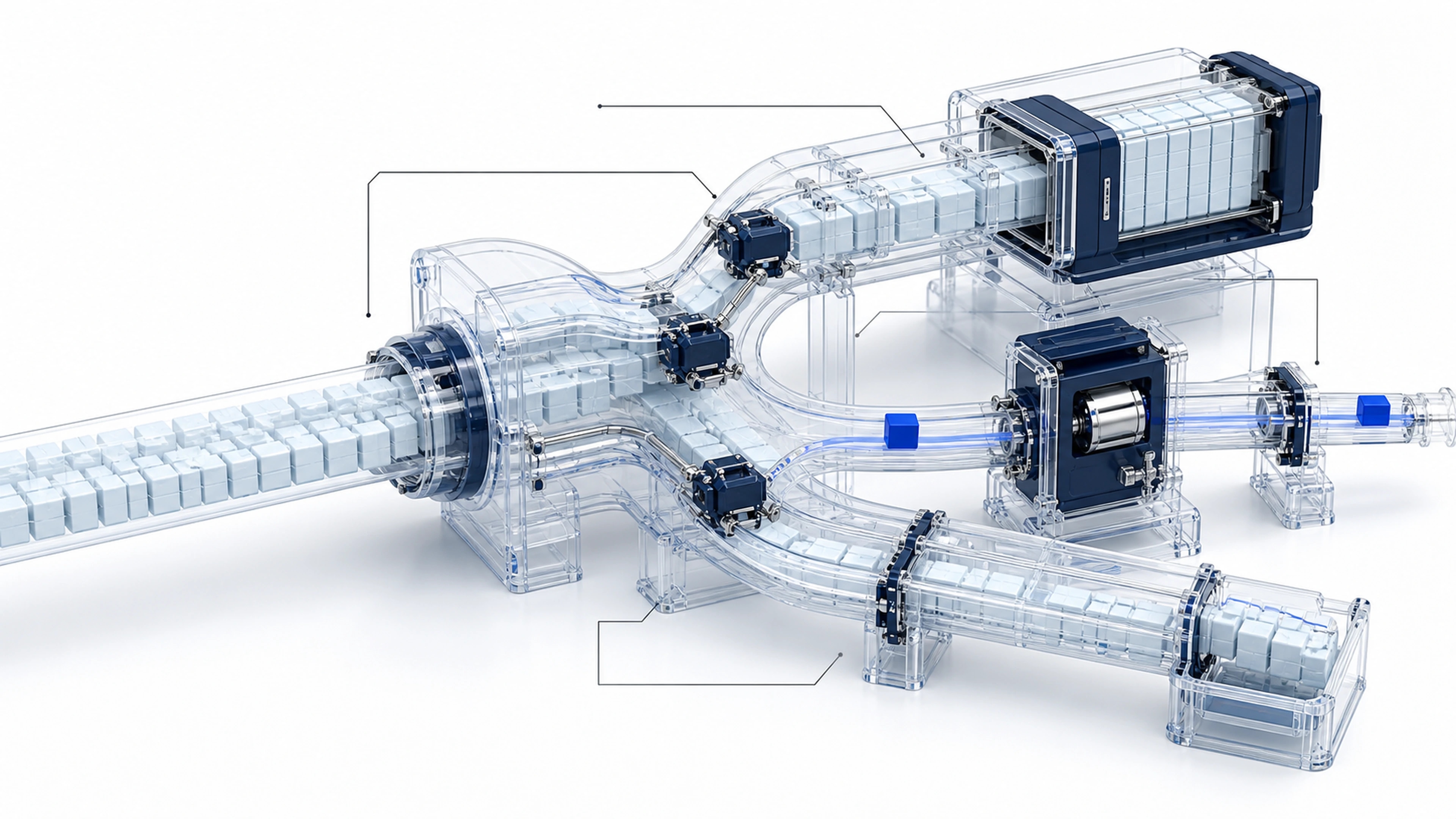 Technical rendering of measured request streams moving through a controlled comparison system.